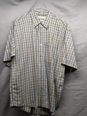Robert Stock Men’s Large 100% Cotton Plaid Shirt Sage Blue Coastal Grandfather